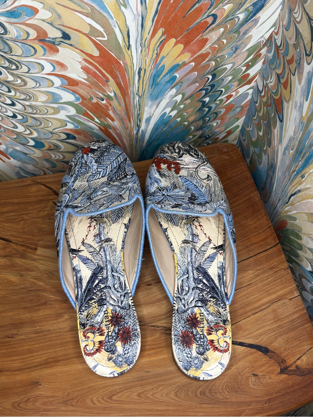 Dior Blue & Cream Embroidered Slip-On Mules with Red Floral Tropical Detail - Picture 2 of 8